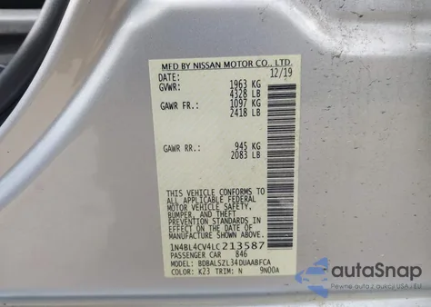 2020 Nissan Altima Sr Fwd from USA, damaged, VIN 1N4BL4CV4LC213587